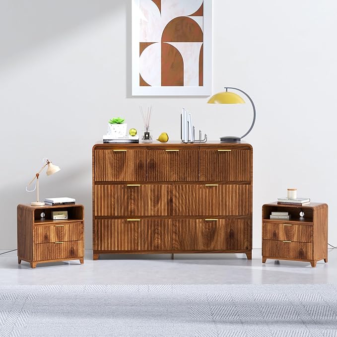 3 Pcs Dresser Closet Bedroom Set, 7 Drawer Fluted Dresser and Nightstand Set of 2 with Charging Station, Modern Bed Side Table Chest of Drawers Storage Cabinet Set for Bedroom, Living Room, Walnut