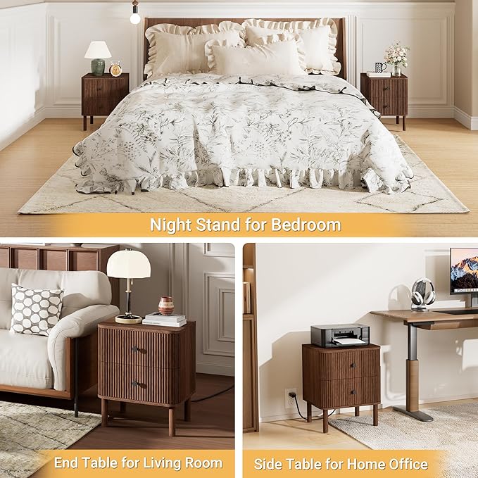 Night Stand with Charging Station, 18" Fluted Nighstand with Rounded Corners & Solid Wood Legs, 2 Drawers End Table with Storage, Mid Century Modern Bedside Table for Bedroom, Walnut