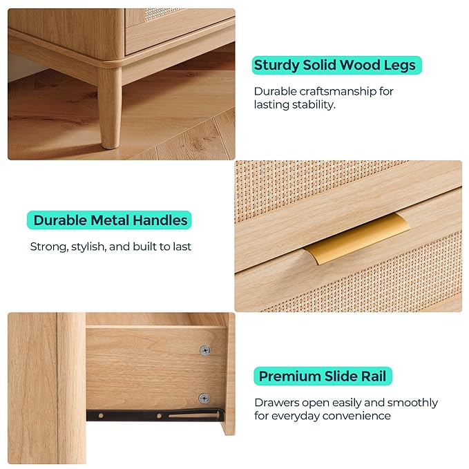 LINSY HOME Rattan Dresser for Bedroom with 8 Drawers, 54" Wide Chest of Drawers, Mid Century Modern Dresser TV Stand with Metal Handle, Wood Closet Storage Cabinet for Living Room, Hallway, Oak