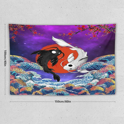 Houselerax Japanese Koi Fish Tapestry, Yin Yang Big Wave Cherry Blossom Tapestries Wall Hanging for Bedroom Living Room Office Decor 60"x40"