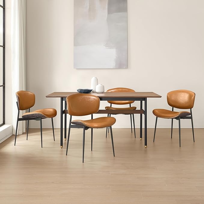 Art Leon Dining Chairs Set of 4, Gray Oak Bentwood, Mid Century Modern Dining Room Chairs, Faux Leather Upholstered Desk Chair with Black Metal Legs, Brown