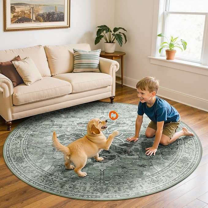 Area Rugs 6ft Washable Non-Slip, Floral Vintage Distress Print Pattern Medallion Carpet for Living Room Bedroom Dining Room, Dark Green Gray