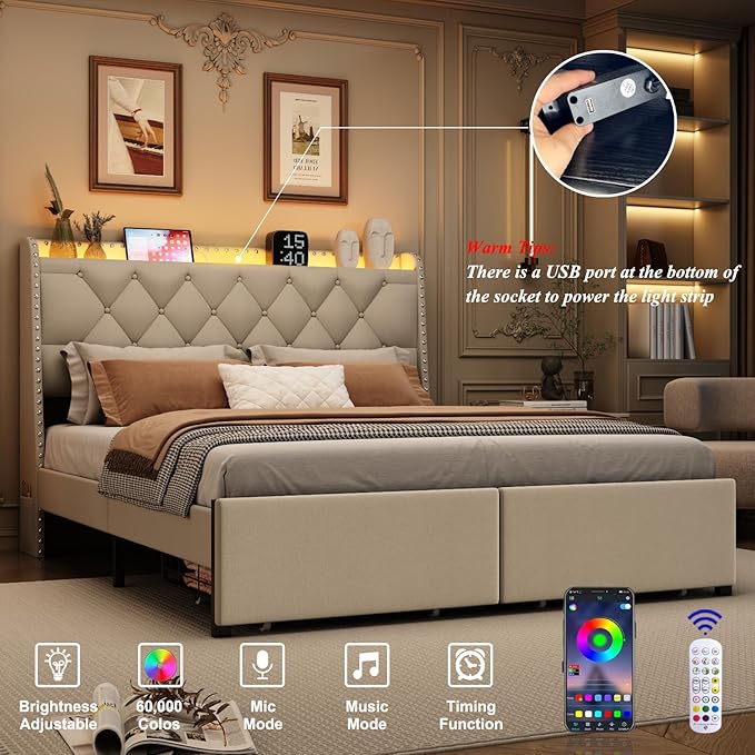 Full Size Bed Frame with Storage Headboard and 2 Drawers, Upholstered Button Tufted Bed Frames Full with Led Lights and Handy Charging Station, No Box Spring Needed, Easy Assembly, Noise Free, Beige