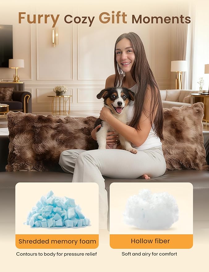 ZonLi Fluffy Bubble Body Pillow – Faux Rabbit Fur Long Pillow for Sleeping & Lounging, 20x54 inch Cozy Dual-Sided Plush Pillow with Adjustable Memory Foam Filling & Washable Cover, Brown