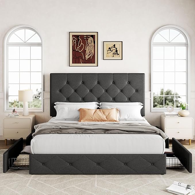 Allewie Upholstered Queen Size Platform Bed Frame with 4 Storage Drawers and Headboard, Diamond Stitched Button Tufted, Mattress Foundation with Wooden Slats Support, No Box Spring Needed, Dark Grey