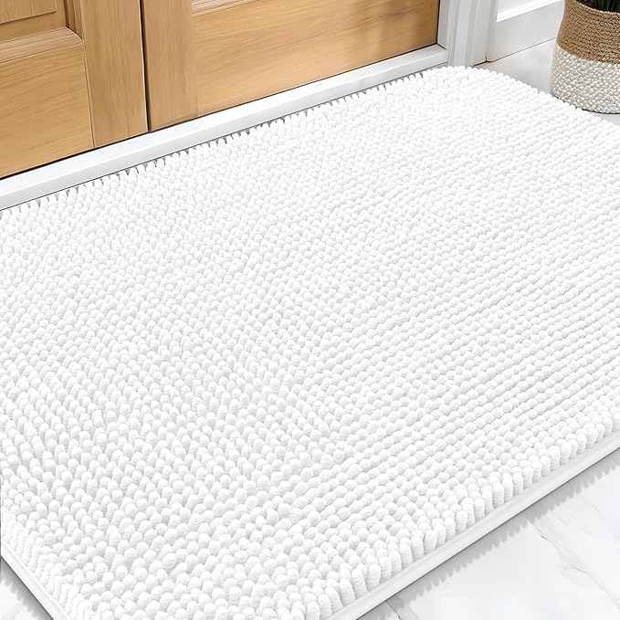 OLANLY Dog Door Mat for Muddy Paws 30x20, Absorbs Moisture and Dirt, Absorbent Non-Slip Washable Doormat, Quick Dry Chenille Mud Mat for Dogs, Entry Indoor Entryway Carpet for Inside Floor, White