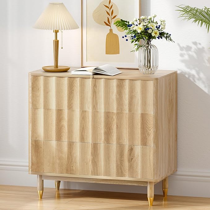 Fluted 3 Drawer Dresser, 31.5" Wide Modern Storage Chest of Drawers, Wood Drawer Organizer for Bedroom, Living Room, Hallway