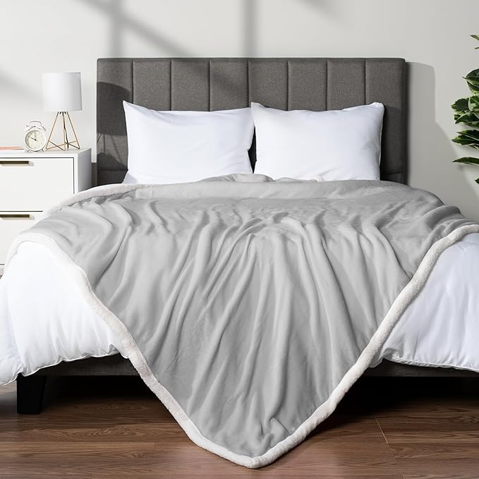 PAVILIA Sherpa Fleece Throw Blanket for Couch, Twin Size, Light Grey, Plush Soft Fuzzy Sofa Blanket, Cozy Reversible Winter Throw for Women Men, 60x80 Inches