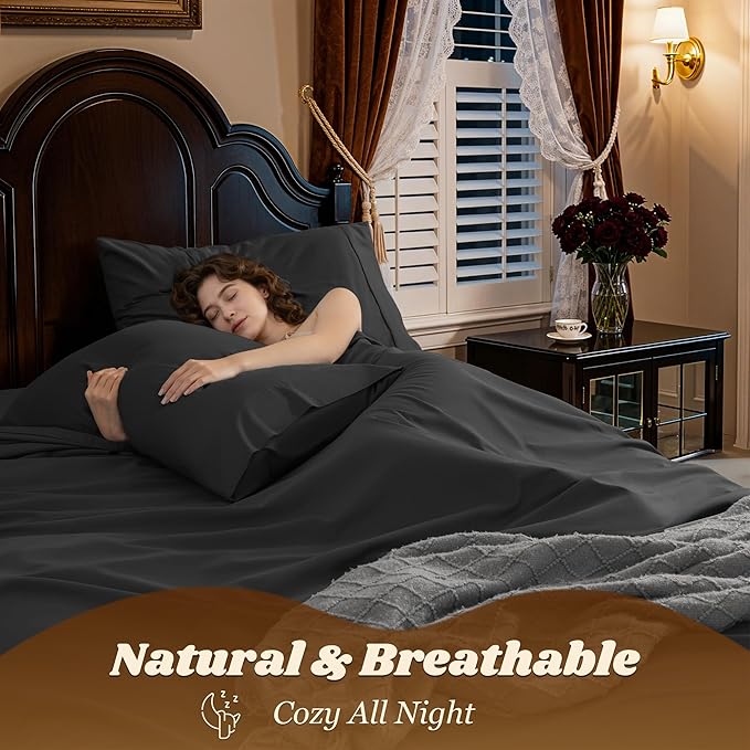 LBRO2M 1000 Thread Count 100% Egyptian Cotton Sheets Set,Queen Size Bed Sheet 4 Piece Sets,Long Staple,16 Inches Deep Pocket,All Season,Bedding Super Soft Comforterble Breathable,Sateen Weave (Black)