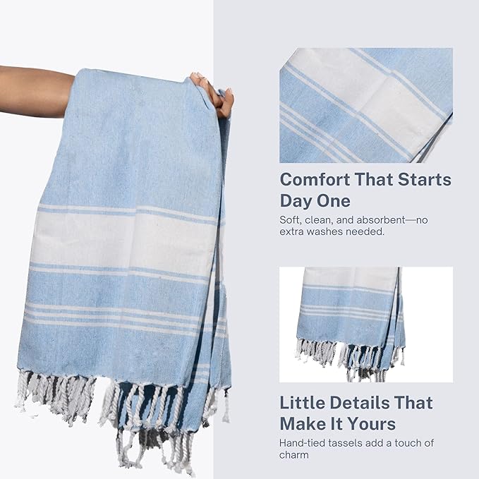 Cotton Turkish Beach Towel Towels Oversized 36"x72" Pool Absorbent Extra Large Quick Dry Sand Travel Towel (Sky Blue, 2 Pack)