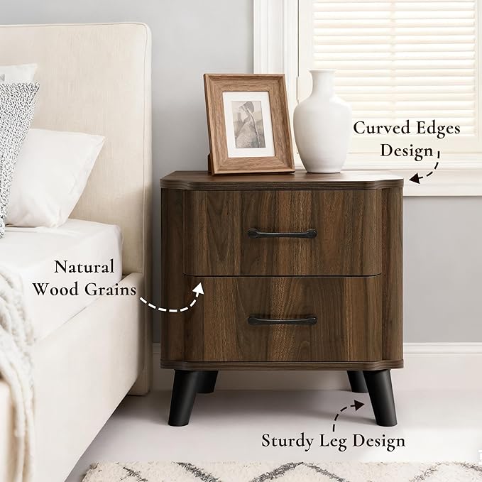 LuxenHome Mid Century Modern Nightstand, 20" Walnut Night Stand with Curved Edge, Dark Brown Nightstand with Drawers, Boho Bed Side Tables Bedroom, Storage Side Table, End Tables Living Room, 1PC