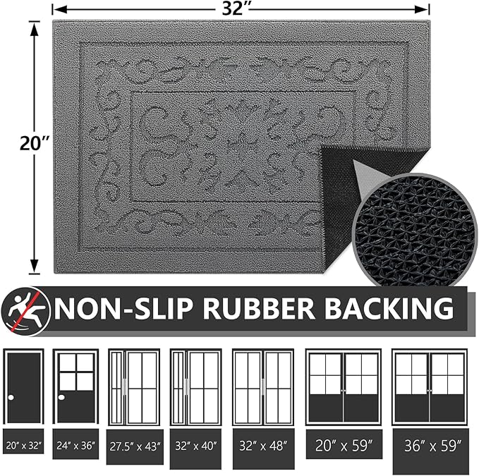 FONEYI Indoor Door Mat, Front Back Door Mat 20" x 32" Non-Slip Rubber Backing Door Rug, Machine Washable Entry Rug, Low Profile Absorbent Dirt Trapper Doormat Inside Floor Mats for Entryway, Grey