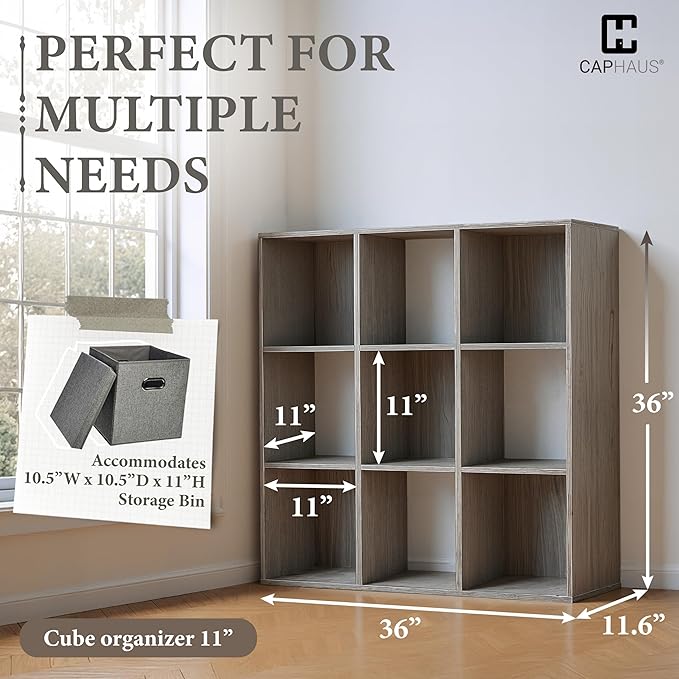 CAPHAUS Sturdy Room 11-Inch Cube Storage Organizer Shelf, with Thick Exterior Edge, Storage Shelf Divider w/Back, Bookcase, 9-Cube, Dark Grey
