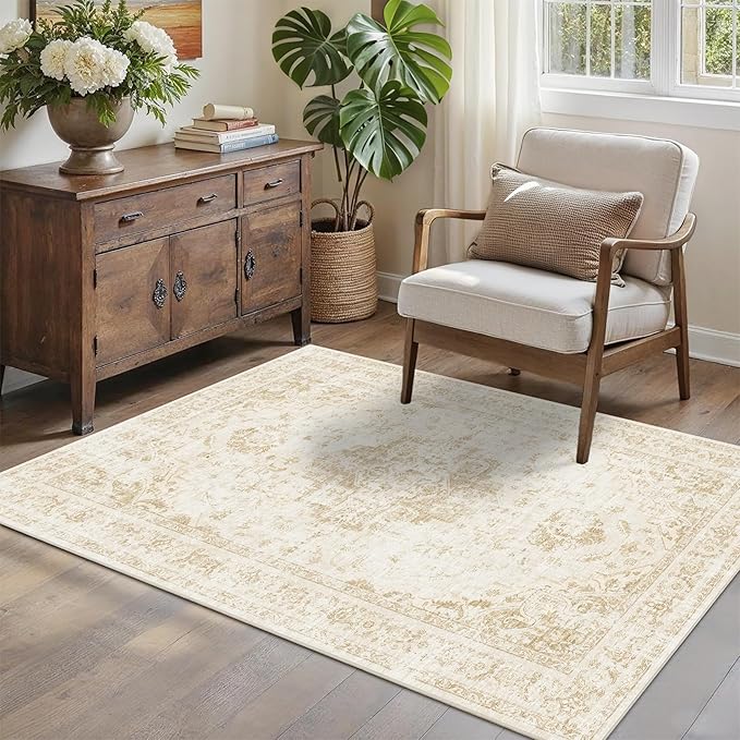 3x5 Vintage Washable Area Rugs Boho Medallion Large Distressed Retro Accent Carpet Floral Non-Slip Soft Low Pile Indoor Throw Rug for Living Room Bedroom Dining Room Office Kitchen, Beige