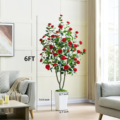 Artificial Camellia Tree 6FT Faux Trees Indoor Fake Floral Plant Blooming Tree with Red Flowers & White Tall Planter, Faux Camellia Plants for Porch Home Room Bedroom Office Front Door Outdoor Decor