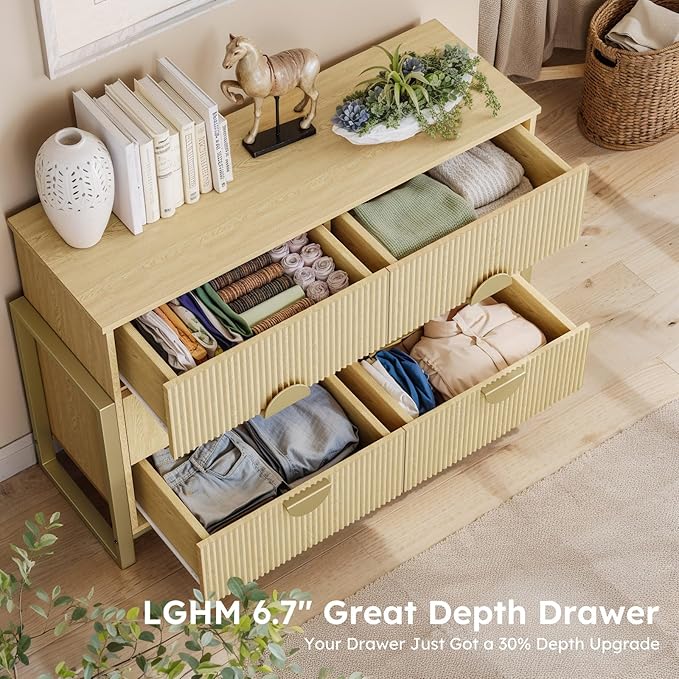 LGHM Fluted Dresser for Bedroom with 6 Drawers, 6 Drawer Dresser, 50" W Chest of Drawers Closet Organizers & Storage Clothes -Solid Semicylinder Fluted Drawers, Bold Reinforcement Metal Frame, Oak