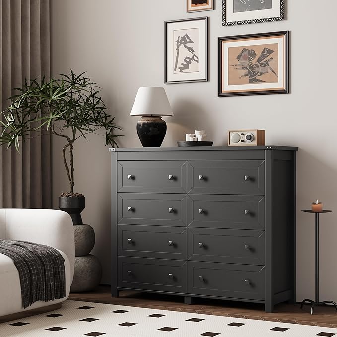 Dresser for Bedroom with 8 Drawers, Farmhouse Wood Chest of Drawers, Wide TV Stand Closet Storage Furniture with Metal Handle, Modern Clothes Organizer for Hallway, Living Room, Entryway, Black