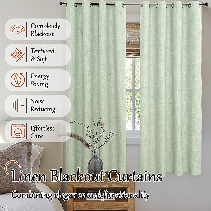 Sage Green Blackout Curtains for Bedroom - Linen Curtains 72 Inch Length Thermal Insulated Privacy Burlap Boho Window Drapes for Living Room Scandi Farmhouse Dining, 2 Panels, Each 52" Wide
