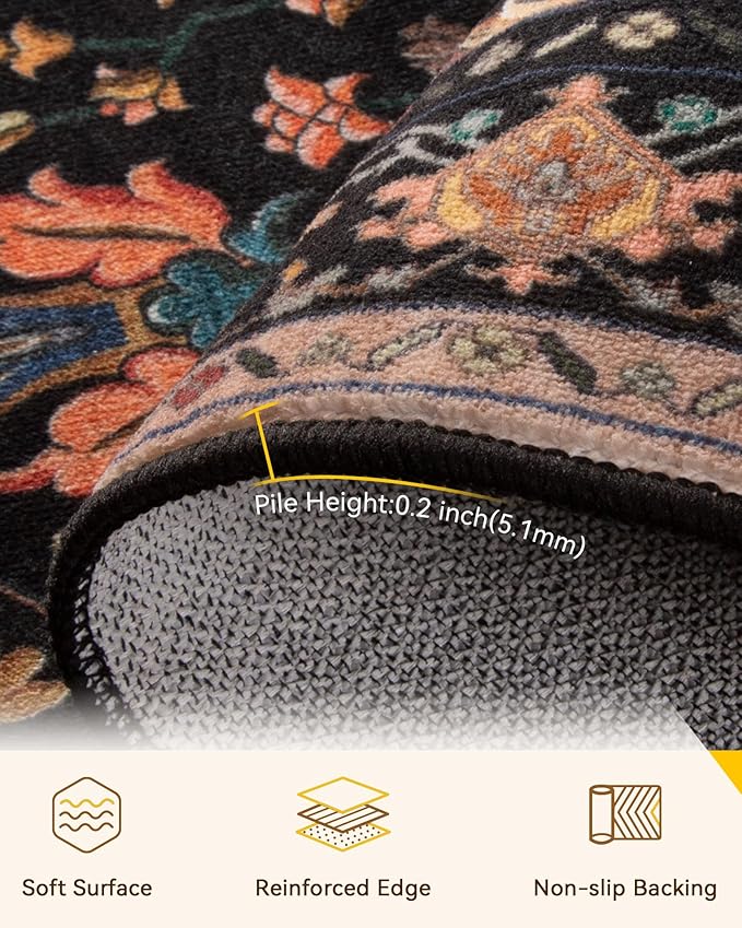 Area Rugs 4'x6' Washable Non-Slip, Floral Vintage Distress Print Pattern Medallion Carpet for Living Room Bedroom Dining Room, Black Colorful Floral Dark Tan