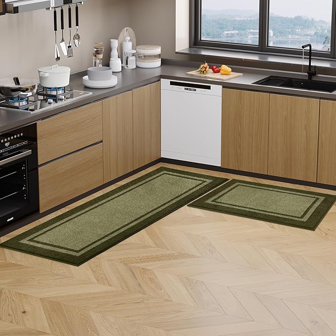 Kitchen Rugs Set (24" x 36"+24" x 60"), Non-Slip Machine Washable Kitchen Runner Rugs, Absorbent Comfort Standing Mats for Kitchen, Laundry and Hallway, Rolled Packaging, Budding Green & Sage Green