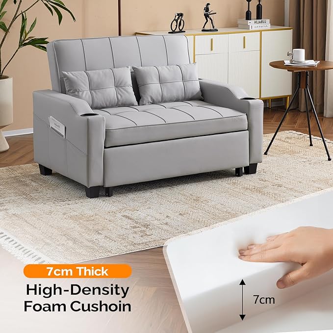 VINGLI Convertible Loveseat Sleeper, Light Grey Faux Leather Futon Sofa Bed Pullout Couch Bed with USB Ports, Cup Holders, Armrest for Living Room, Bedroom, Home Office Apartment