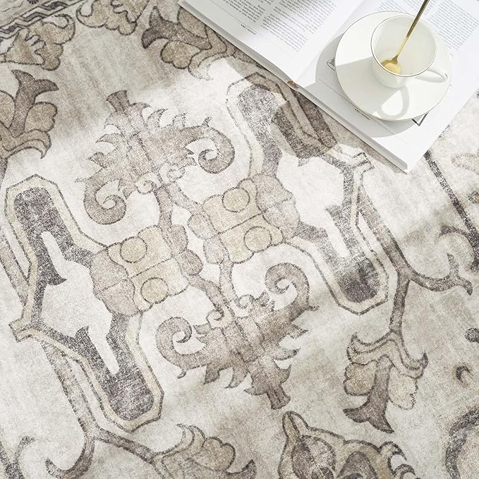 jinchan Round Rug 4ft Area Rug Indoor Vintage Floral Circle 4' Washable Ultra-Thin Low Pile Soft Small Non Slip Distressed Print for Living Room Dining Room Bedroom Entryway Taupe