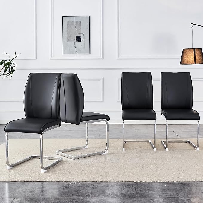 Dining Chairs Set of 4,Black Faux Leather Dining Chairs,Upholstered Kitchen Chairs with High Back,Modern Armless Side Chairs with Sturdy Chrome Plated Metal Legs for Living Room