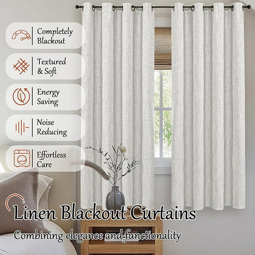 100% Blackout Curtains for Bedroom 63 Inch Length 2 Panels, Thermal Insulated Complete Light Blocking Noise Reducing Linen Window Curtains for Nursery, Bronze Grommet, Each 52" Wide, Light Grey