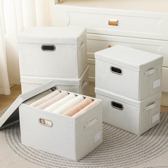 PRANDOM Collapsible Storage Bin with Lid [5-Pack] Fabric Foldable Storage Box Organizer Container Basket Cube with Cover for Home Bedroom Closet Office Beige(15.3x10x9.7)