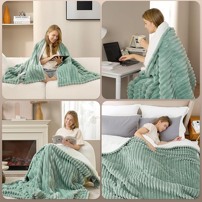 Hansleep Heated Blanket Queen Size Electric Throw Dual Control, Heating Blanket with 9 Heating Levels and 10-Hour Timer Auto Shut Off, Washable Soft Warm Winter Blanket, 80 x 90 Inches, Green