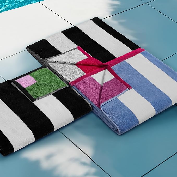 Juicy Couture Black/White Green/Pink Reversible Cabana 36" x 72" 100% Cotton Oversized Beach Towel - Soft, Absorbent, and Quick-Drying, Perfect for Beach, Pool, or Travel