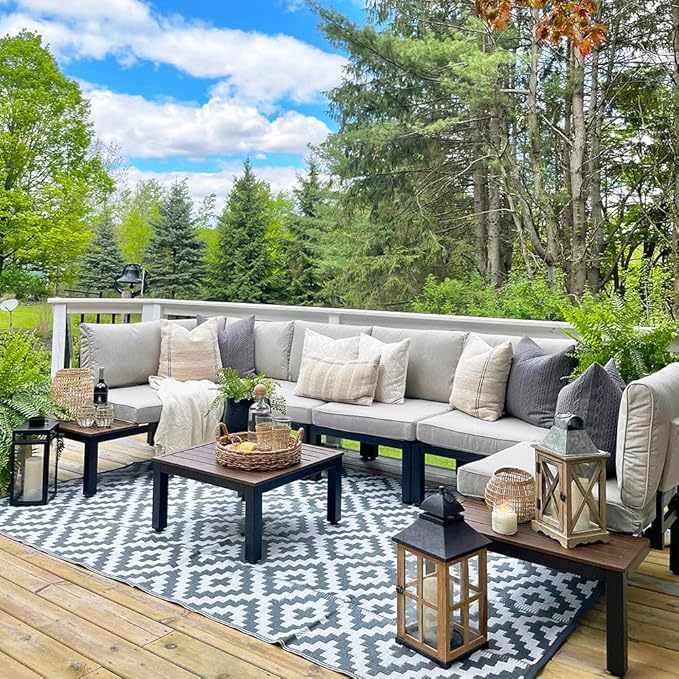 Sophia & William 6 Pieces Patio Furniture Set, Outdoor Metal Sectional Sofa, Patio Conversation Set-2 x Single Sofa with Side Table,1 x Loveseat,2 x Single Couch,1 x Tea Table(Beige Grey)