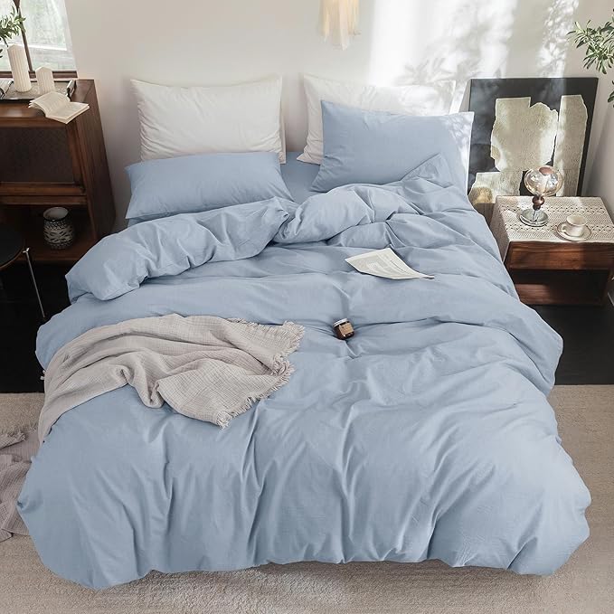 FOSSA Duvet Cover Set 100% Washed Cotton Linen Feel Super Soft Breathable Cozy 3 Pieces Bedding Sets Solid Cornflower Blue Oversized King Plus