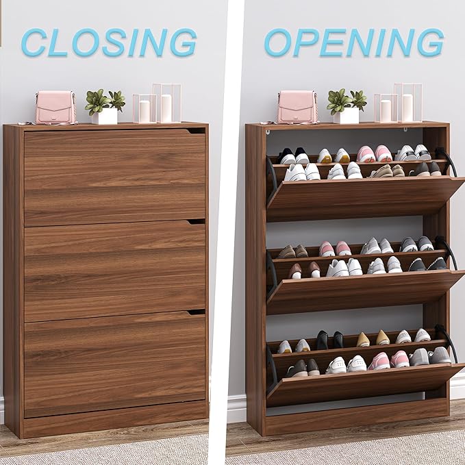 Shoe Cabinet with 3 Flip Drawers, Slim Narrow Shoe Storage Cabinet, Freestanding Shoe Organizer with Adjustable & Removable Shelves, Top Display Shelf for Entryway, Hallway, Foyer, Closet