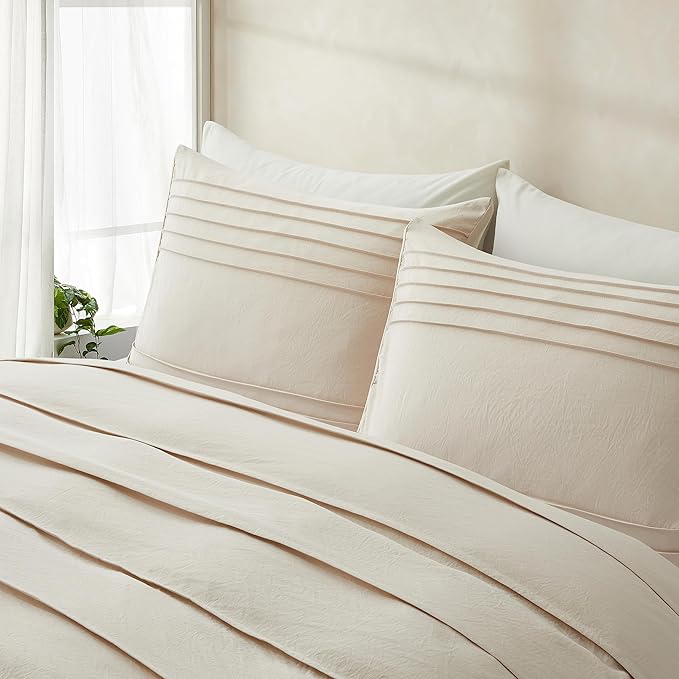 Oli Anderson Light Khaki Duvet Cover Queen Size - Pleated Queen Duvet Cover, 3PCS Soft and Breathable Textured Bedding Set with Zipper Closure(Light Khaki,90"x90")