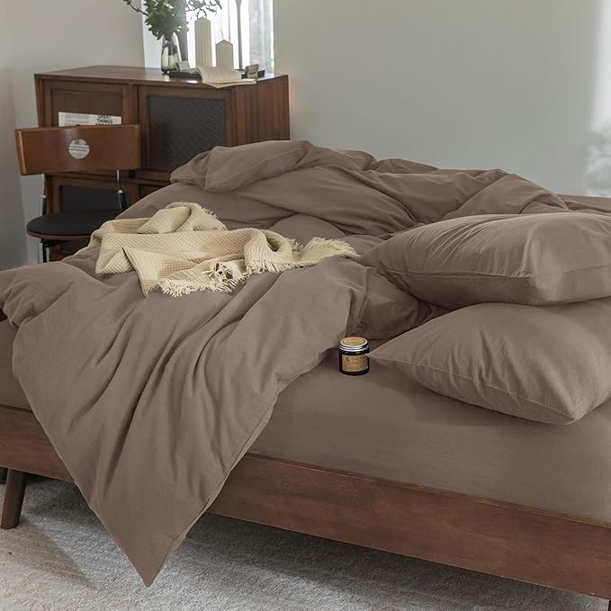 FOSSA Duvet Cover Set 100% Washed Cotton Linen Feel Super Soft Breathable Cozy 3 Pieces Bedding Sets Solid Pale Brown Oversized Queen