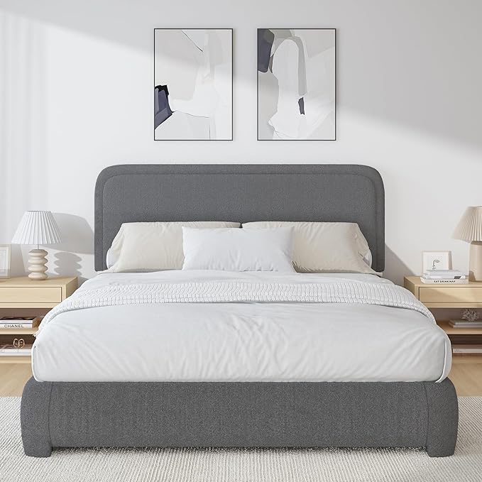 BarnFurin Queen Size Bed Frame, Boucle Upholstered Platform Bed Frame with Headboard, Modern Style, Soft Rounded Corners, No Box Spring Required, Easy Assembly, Dark Grey