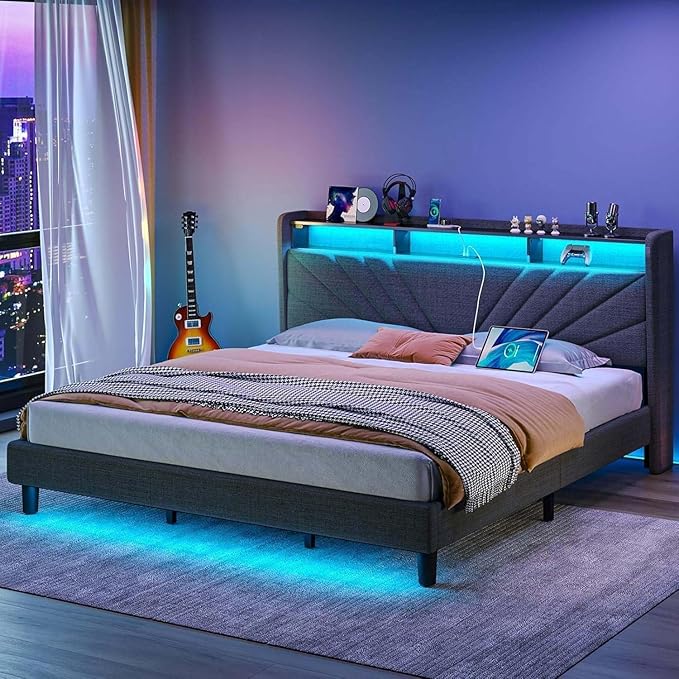Rolanstar King Size Bed Frame, Storage Headboard with Charging Station and LED Lights, Upholstered Bed with Heavy Duty Wood Slats, No Box Spring Needed, Noise Free, Easy Assembly, Dark Grey