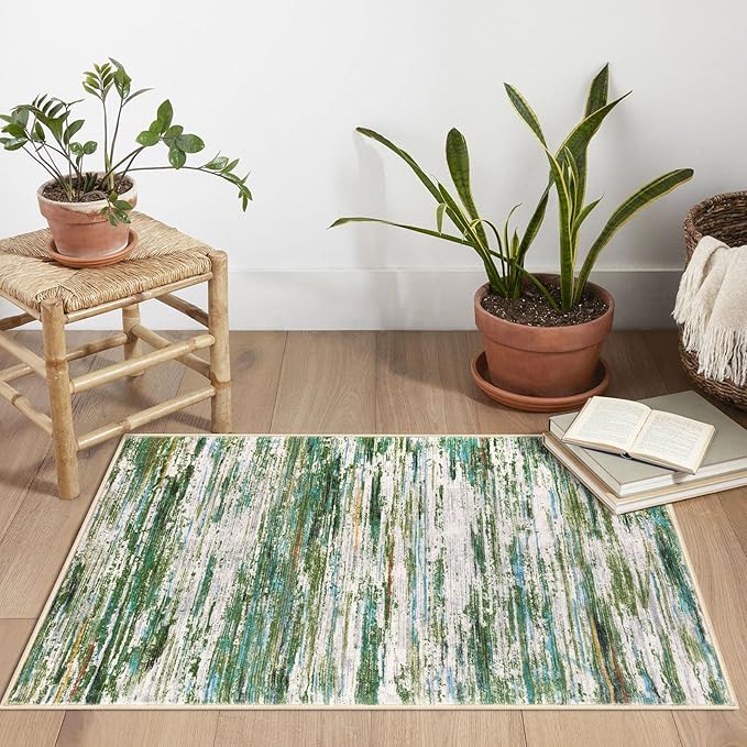 2x3 Modern Abstract Rug for Entryway, Green Grey Multi Super Soft Small Washable Area Rug, Non-Slip Kitchen Rugs, Low-Pile Mat for Bedside, Foyer, Indoor Door Mat