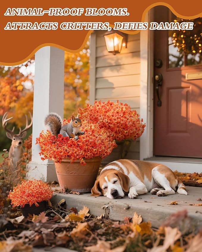Artificial Fall Flowers Faux Mums for Outdoor Planters,Orange Red 16 Bundles Silk Fake Plants UV Resistant for Outside,Autumn Decorations for Porch,Pot,Window Boxes,Front Yard,Thanksgiving Home Decor