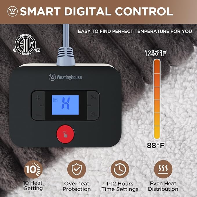 Westinghouse Electric Blanket Twin Size, Super Cozy Luxury Faux Fur & Sherpa Heated Blanket with 10 Heating Levels & 1-12 Hours Auto Off, Fast Heating Blanket, Machine Washable, 62x 84 Inch Charcoal