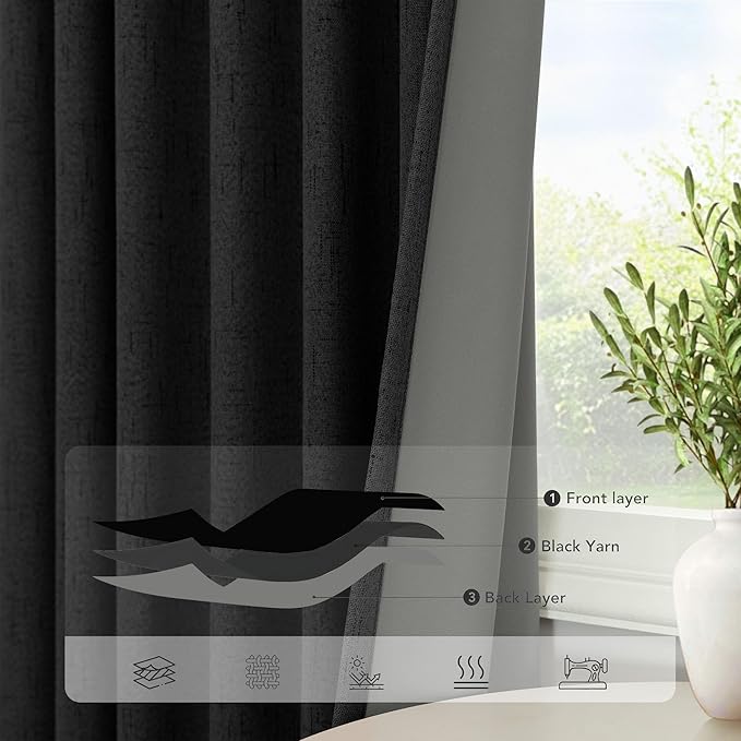 Pitalk Black Blackout Curtains 96 Inches Long for Living Room Bedroom Faux Linen Window Treatments Sun Light Blocking Curtains for Ceiling to Floor Sliding Door Halloween Decor 96 Inch Length 2 Panels