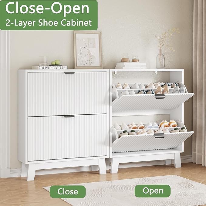 Shoe Cabinet with 2 Flip Drawers, 37" Tall Narrow Fluted Shoe Storage Organizer for Entryway, Hidden Slim Wooden Shoe Rack Cabinet for Front Door Entrance, Hallway, Living Room, Solid White
