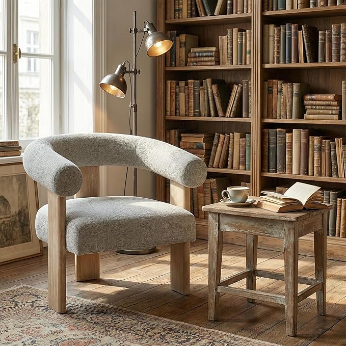 VKNOW Accent Chair Living Room Chair, Modern Upholstered Arm Chair with Solid Wood Legs, Comfy Barrel Accent Chair for Living Room, Bedroom, Dark Grey