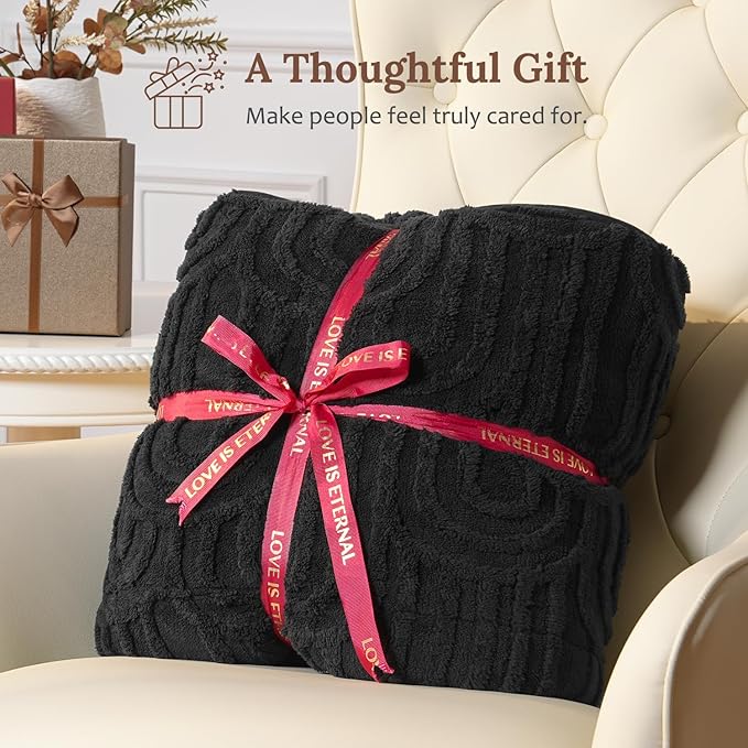 Sherpa Fleece Adult Weighted Blanket Great for Sleep, 15 lbs Dual Sided Soft Fuzzy Heavy Blankets for Couch Bed Sofa, Cozy Warm Fluffy Arched Jacquard Throw for Winter (Black, 48" x 72", 15 Pounds)