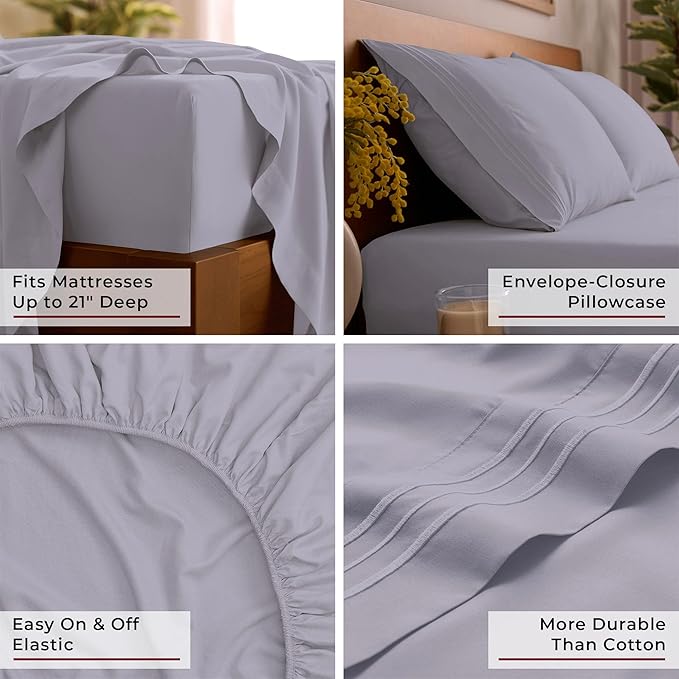 Mellanni King Sheet Set - 6-Piece Iconic Collection Bedding, (Including 4 Pillowcases), 21-Inch Extra Deep Pocket, Easy Care, Ultra Soft, Cooling Sheets, Brushed Microfiber - Lavender