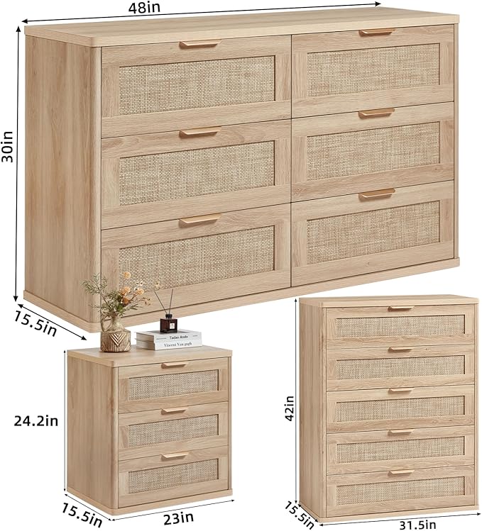LEYAOYAO Rattan Dresser and Nightstand Sets 3, Boho Wood Dresser for Bedroom with 6 Drawers and Night Stand with 3 Drawer, Bedroom Furniture, Dressers & Chests of Drawers, Living Room, Hallway