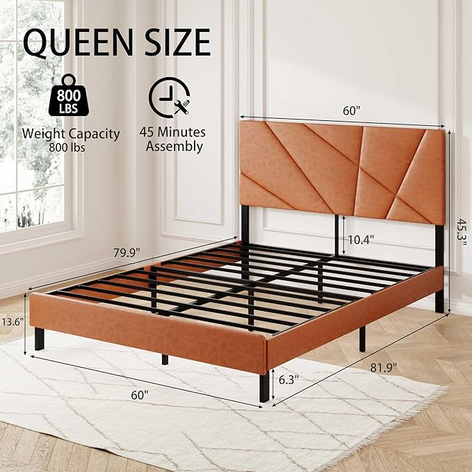Upholstered Queen Size Platform Bed Frame with Faux Leather Padded Headboard, Sturdy Metal Slats Support, No Box Spring Needed, Vintage Brown