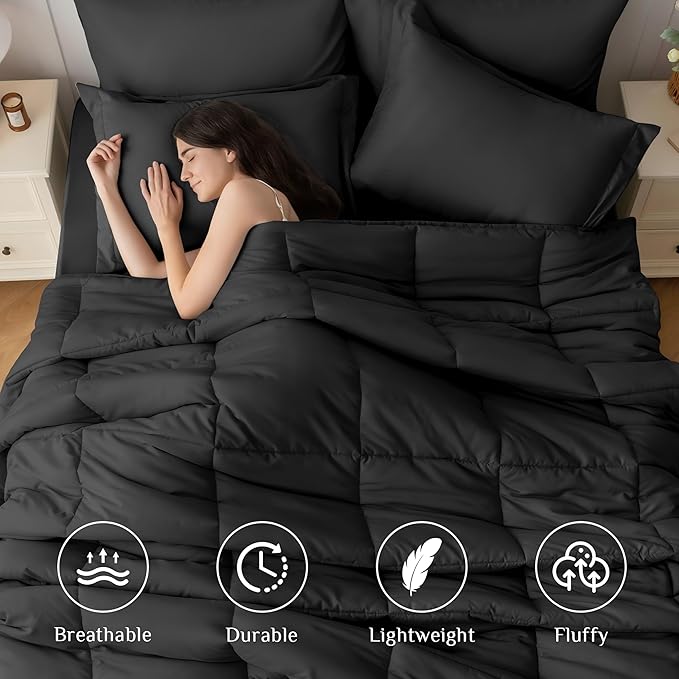 JOLLYVOGUE Twin XL Comforter Set, Ultra-Soft Bed in a Bag Twin XL Size 5 Pieces, Oeko-TEX Certified Bedding Set with Down Alternative Comforter, Sheets, Pillowcases & Shams, Black