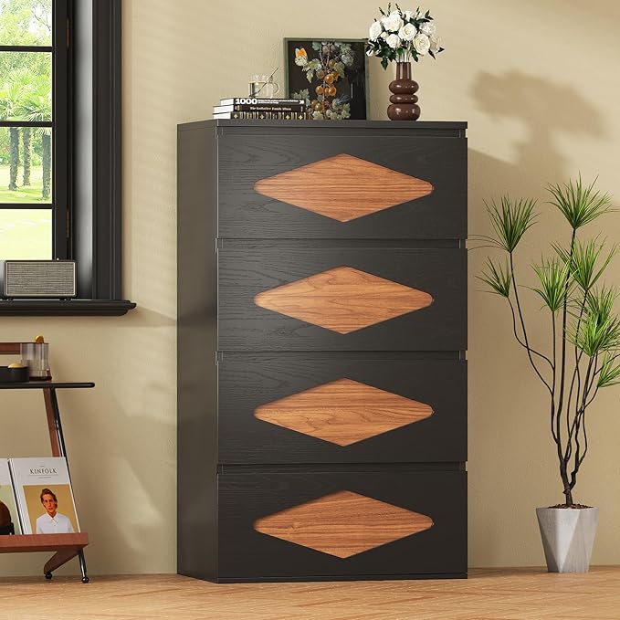 48.3'' Tall Dresser for Bedroom, 4 Chest of Wooden Deep Drawers, Vintage Dresser, Closet Storage Dressers Organizer for Bedroom, Living Room, Hallway (Black+Brown)